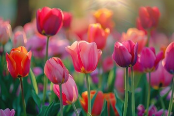 Wall Mural - Vibrant red tulips bloom under a clear sky in a spring garden, showcasing nature's beauty and inviting tranquility for visitors