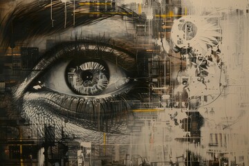 Poster - Detailed close-up of an eye artwork featuring intricate lines and urban elements, blending human features with abstract city imagery