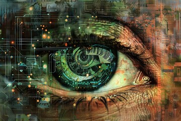 Poster - Detailed close-up of an eye artwork featuring intricate lines and urban elements, blending human features with abstract city imagery