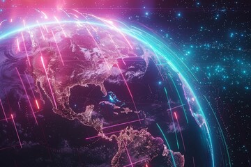 Poster - The artwork features a dazzling depiction of the Earth with bright neon lines connecting various points, reflecting a futuristic view of the planet in the cosmos.