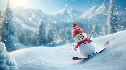 Poster - A Smiling Snowman Snowboarding Down a Snowy Mountainside