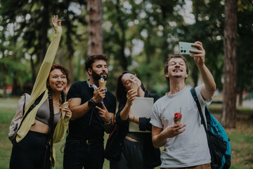 Poster - A group of cheerful students and a professor take a selfie while enjoying ice cream in a park setting, capturing a moment of relaxation and friendship after class.