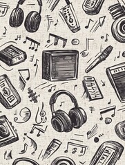 Poster - Intricate doodle pattern showcases headphones, speakers, musical notes, and sound waves, celebrating the art of music and creativity. Generative AI