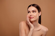 © Beauty Hero - Photo of dreamy adorable lady wear nothing arm cheek apply cream empty space isolated brown color background