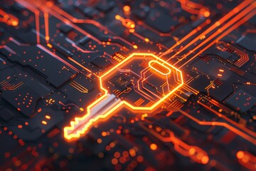 Poster - A striking digital key is showcased in vibrant orange against a complex circuit board, embodying the essence of modern technology and cybersecurity.
