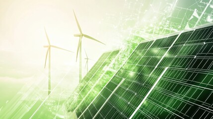 Poster - Solar panels and wind turbines create a sustainable energy environment, showcasing the potential of clean technology with green elements. Generative AI