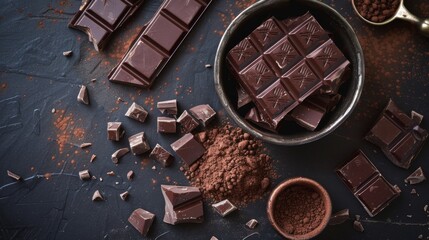 Wall Mural - Dark Chocolate Bars and Cocoa Powder on Black Background