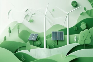 Poster - This artwork showcases a harmonious blend of solar panels and wind turbines set against an abstract green backdrop, symbolizing renewable energy. Generative AI