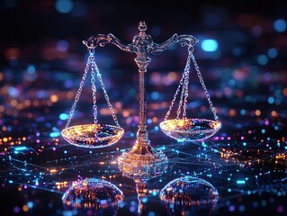 Poster - A digital scales of justice with glowing lights. .