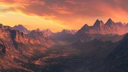 Poster - A stunning view of mountains at sunset showcases vibrant colors illuminating the peaks, creating a serene and peaceful atmosphere in nature. Generative AI