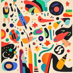 Aufkleber - Whimsical abstract doodles feature planets, stars, rockets, and astronauts in a playful arrangement, bursting with color and imagination. Generative AI