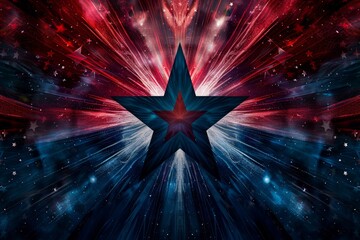 Poster - A striking abstract composition showcases a bold star at its center, illuminated by vivid colors and dynamic bursts of light, creating a cosmic atmosphere.