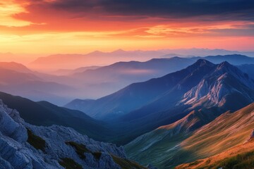 Poster - The mountain landscape glows with warm hues as the sun sets, creating a picturesque view of ridges and valleys bathed in twilight. Generative AI
