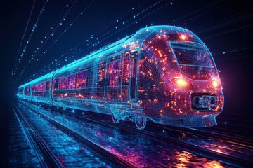 Canvas Print - Futuristic 3D wireframe model of a glowing train on tracks