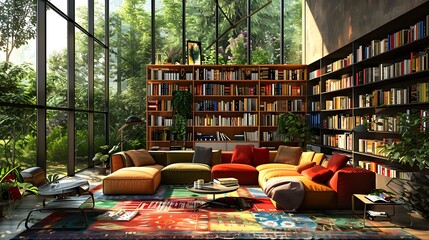 Canvas Print - A cozy reading nook with a vibrant sofa, surrounded by bookshelves and greenery, perfect for relaxation and inspiration.