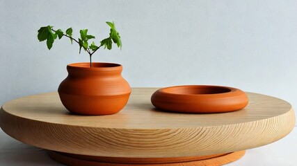 Poster - Aesthetic still life with terracotta clay pots and a young plant on a wooden tabletop in natural light