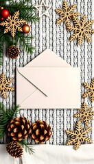 Wall Mural - Christmas greeting card mockup with envelope, wooden snowflakes decorations and pine cones on knitted background isolated with white highlights, png