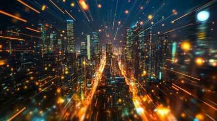 Poster - The image shows a cityscape at night, viewed from above. Tall buildings are illuminated by streetlights and other lights, and the city is bustling with activity.