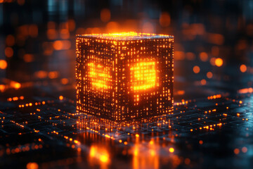 Poster - a glowing digital cube with a bright orange glow, reminiscent of a futuristic technological object. 