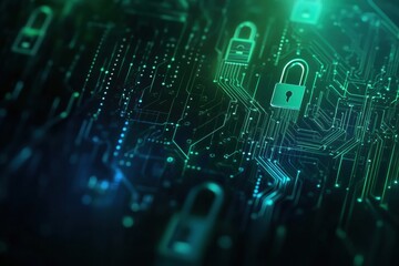 Fototapete - Abstract design showcases a network of padlocks and keys intertwined within a glowing circuit board pattern, emphasizing security and technology. Generative AI
