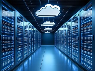 Poster - A modern data center with cloud motifs and illuminated server racks.
