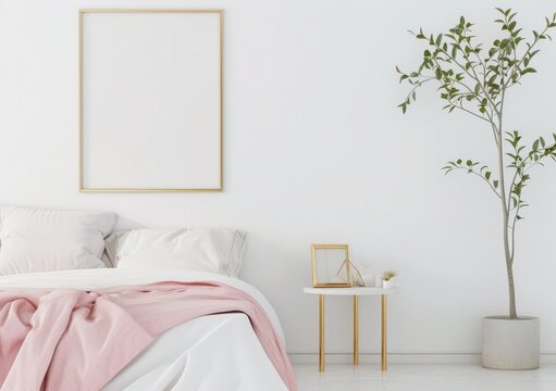 A minimalist bedroom interior with a white bed, pink blanket, and a gold framed empty poster mockup
