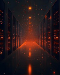 Poster - A futuristic data center corridor illuminated by orange lights, suggesting high-tech environments.