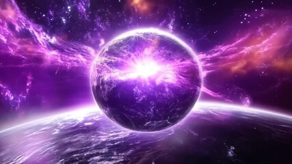 Wall Mural - A vibrant cosmic scene featuring a glowing purple planet surrounded by celestial energy.