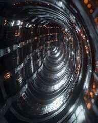 Poster - A futuristic tunnel with metallic surfaces and glowing lights, suggesting advanced technology.