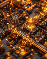 Fototapete - A detailed close-up of an intricate circuit board with glowing orange elements.