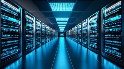 Poster - A futuristic server room with rows of illuminated racks and a sleek, high-tech ambiance.