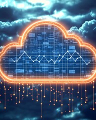 Poster - A digital cloud with data visualization elements against a stormy sky backdrop.
