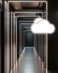 Poster - A modern data center corridor with illuminated lines and cloud graphics.