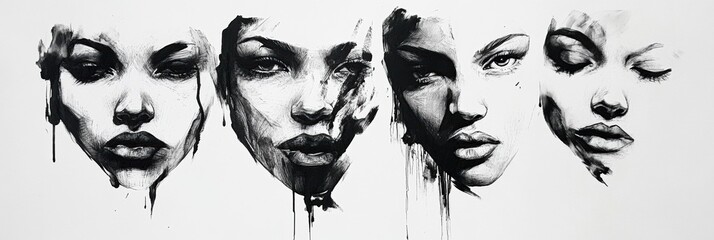 Aufkleber - This artwork portrays a series of faces, each illustrating distinct emotions through strong contrasts and expressive detailing in ink. Generative AI