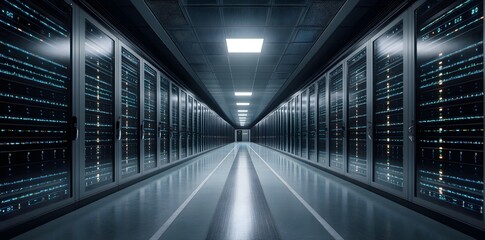 Poster - A corridor lined with server racks in a modern data center, showcasing technology infrastructure.