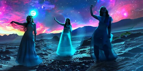 Wall Mural - planetary masquerade ball on a gas giant's moon, ethereal beings in phosphorescent attire dancing un