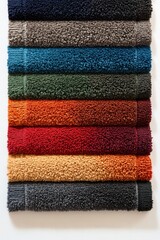 Poster - Colorful carpet swatches neatly stacked, showcasing a vibrant spectrum from reds to blues and purples