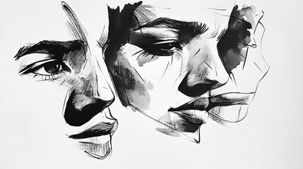 Poster - Intricate ink portraits showcase the emotional depth of faces, utilizing contrast and detailed line work to enhance expressions and feelings. Generative AI