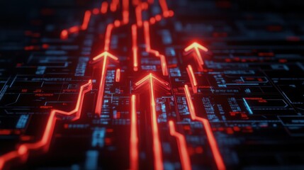 Leinwandbilder - A digital representation of upward trends, featuring red arrows on a dark, circuit-like background, symbolizing growth and technological advancement.