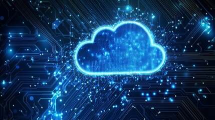 Aufkleber - A glowing blue cloud symbol is positioned at the center, surrounded by a network of digital circuits and luminous particles, giving a sense of connectivity and modern technology in the digital realm.