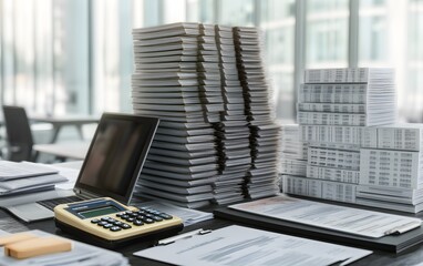 Poster - A cluttered office desk with stacks of documents and a calculator, suggesting a busy work environment.