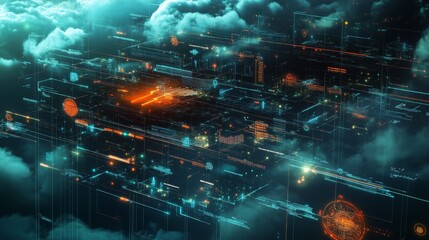 Fototapete - A digital city composed of bright blue and red lines and squares floating in the air. White clouds pass over the city.