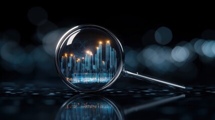 Poster - A close-up of a magnifying glass reflecting a city skyline, suggesting themes of focus, clarity, and exploration in a digital or futuristic context.