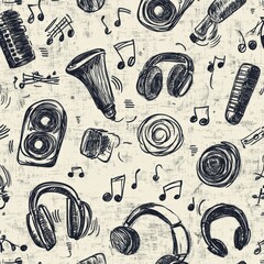 Poster - Intricate doodle pattern features musical instruments, notes, headphones, speakers, and sound waves, celebrating the joy of music. Generative AI