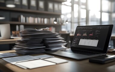 Fototapete - A cluttered workspace with a laptop displaying data analytics and a stack of papers.