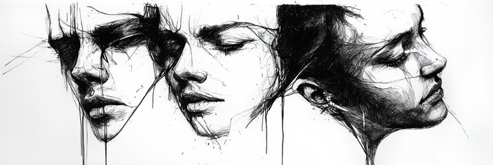 Aufkleber - Three faces captured in black and white ink, revealing deep emotions through intricate shadows and expressive lines, inviting reflection. Generative AI