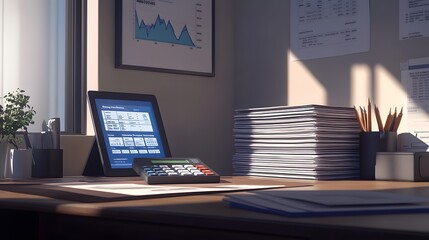 Poster - A modern office desk with a calculator, tablet, documents, and a plant.