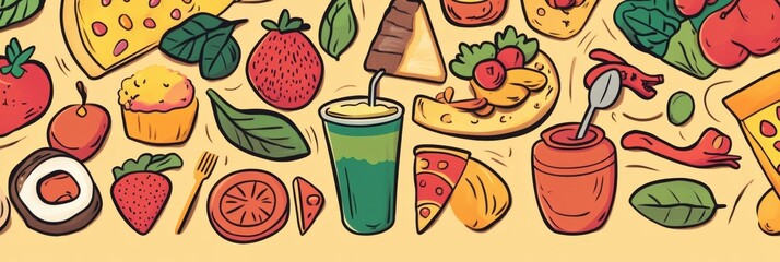 Poster - Colorful doodles represent a range of foods, including pizza, sushi, fruits, and desserts, creating a fun and lively atmosphere. Generative AI