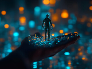 Leinwandbilder - A digital figure stands on a hand, surrounded by a glowing cityscape, symbolizing technology, innovation, and the intersection of humanity and the digital world.