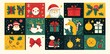 © Georgii - illustration of various iconic Christmas symbols including Santa, gifts, holly, snowflakes, and reindeer on a festive background